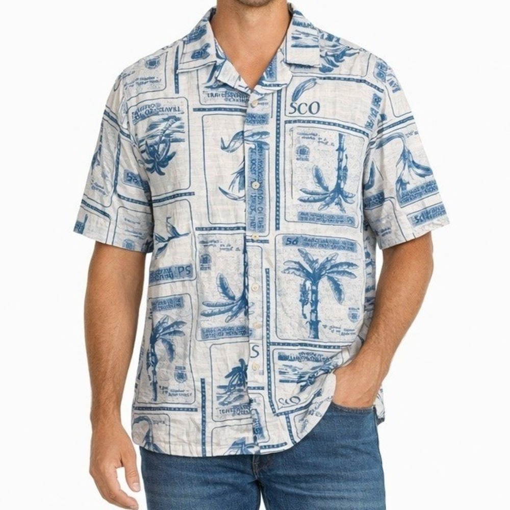 Primark Men's Size XL Blue White Postcard Palm Tree Viscose Linen Hawaiian Shirt